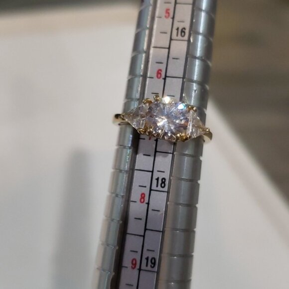 Round cut three stone ring. Simulated Round Stone Elevated Two Trillion Stones - Picture 3 of 9